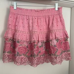 LOVESHACKFANCY Shawna Tiered Embroidered Needlepoint Mini Skirt Medium
